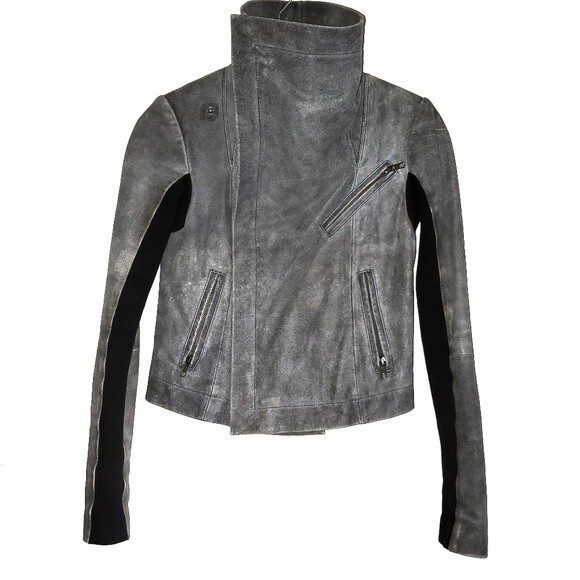 VEDA NYC Gray Black Suede Leather Funnel Neck Crop Jacket Small - Picture 1 of 15